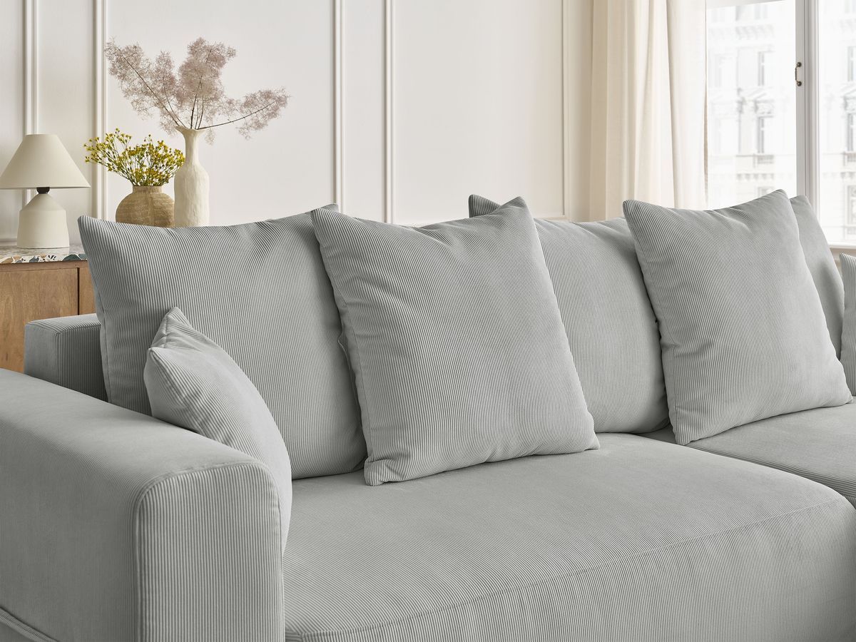 Bobochic Sidonie Ecksofa mit Schlaffunktion und Bettkasten Cordsamt Hellgrau
