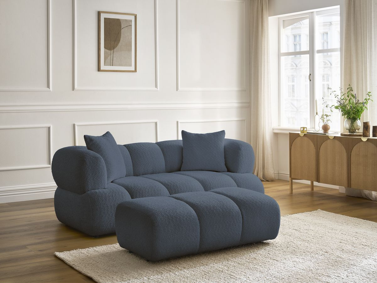 Bobochic Pamira Sofa 2-Sitzer mit Pouf Bouclé-Stoff Dunkelblau