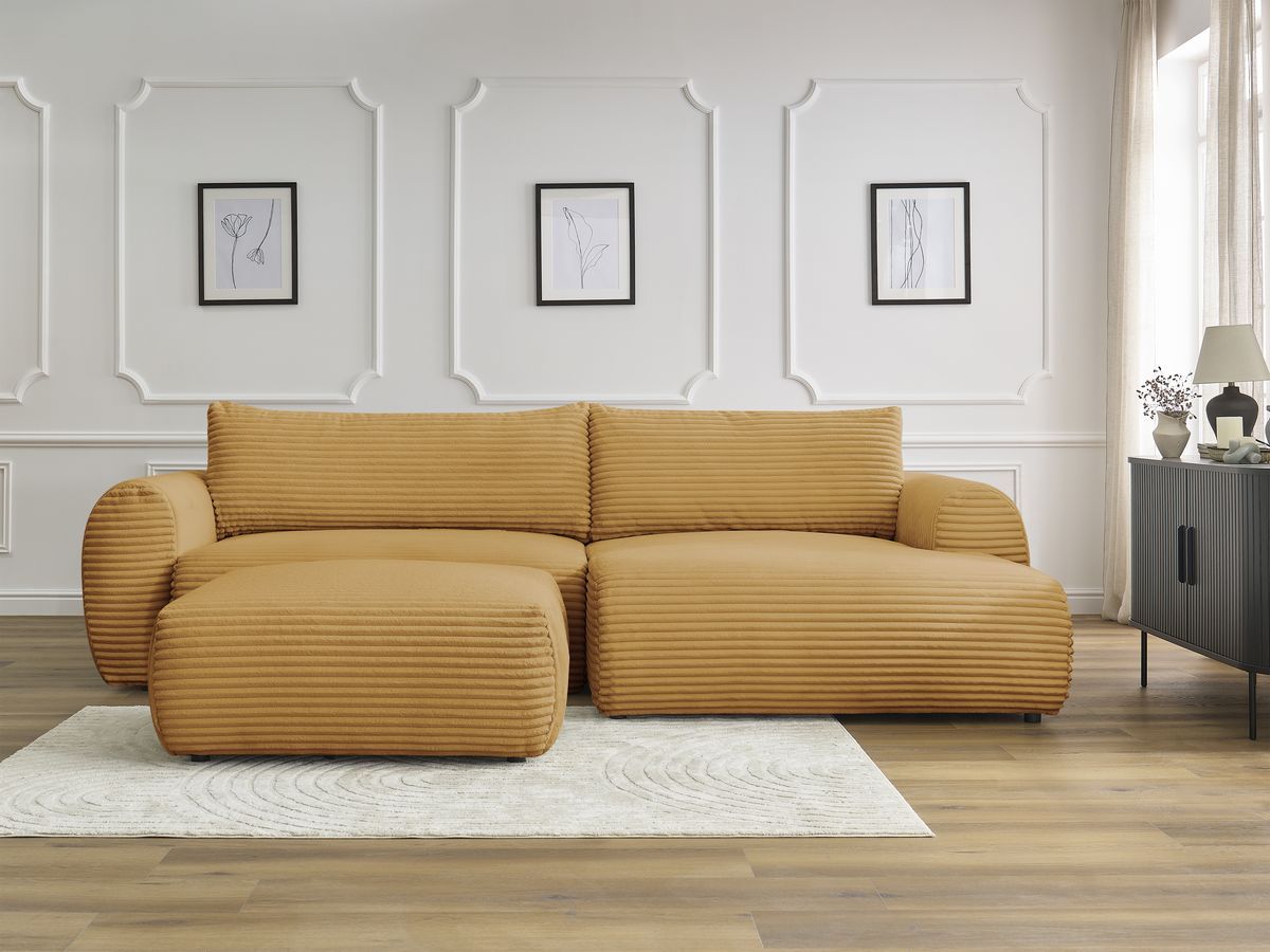 Bobochic Lucien Ecksofa mit Schlaffunktion und Bettkasten und Pouf 314 × 167 cm Breitcord weich Gelb Ecke rechts