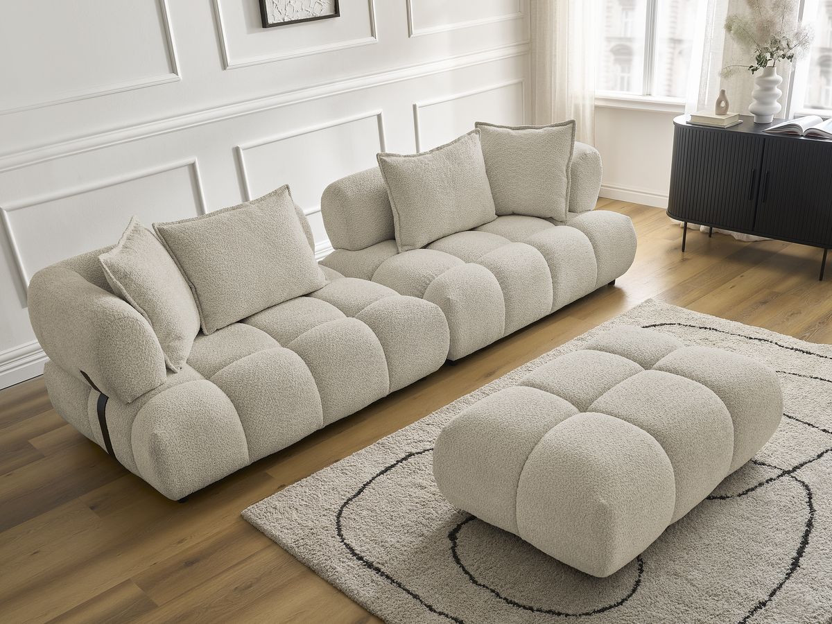 Bobochic Alya Sofa 4-Sitzer mit Pouf Bouclé-Stoff Beige