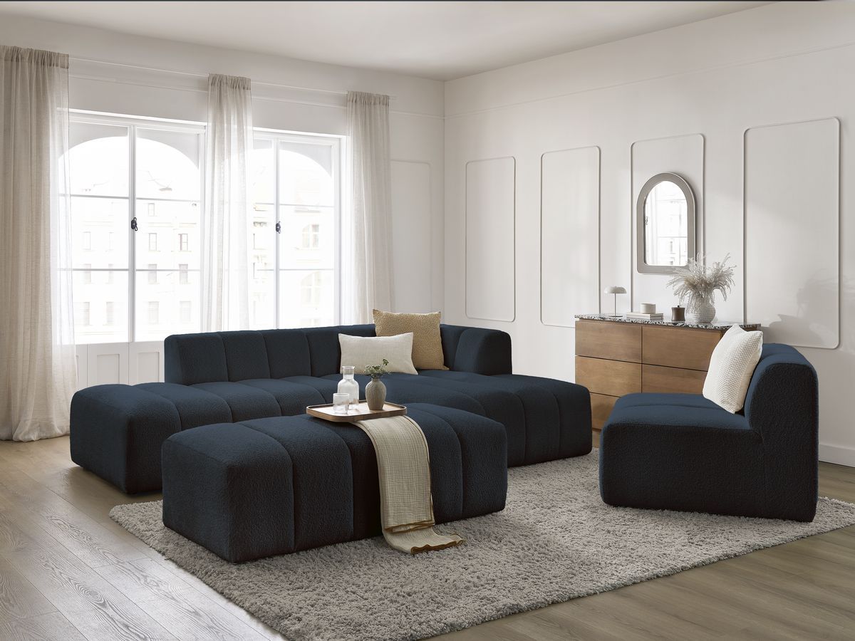 Bobochic Annecy Ecksofa mit Sofamodul und Pouf Bouclé-Stoff Dunkelblau Ecke rechts