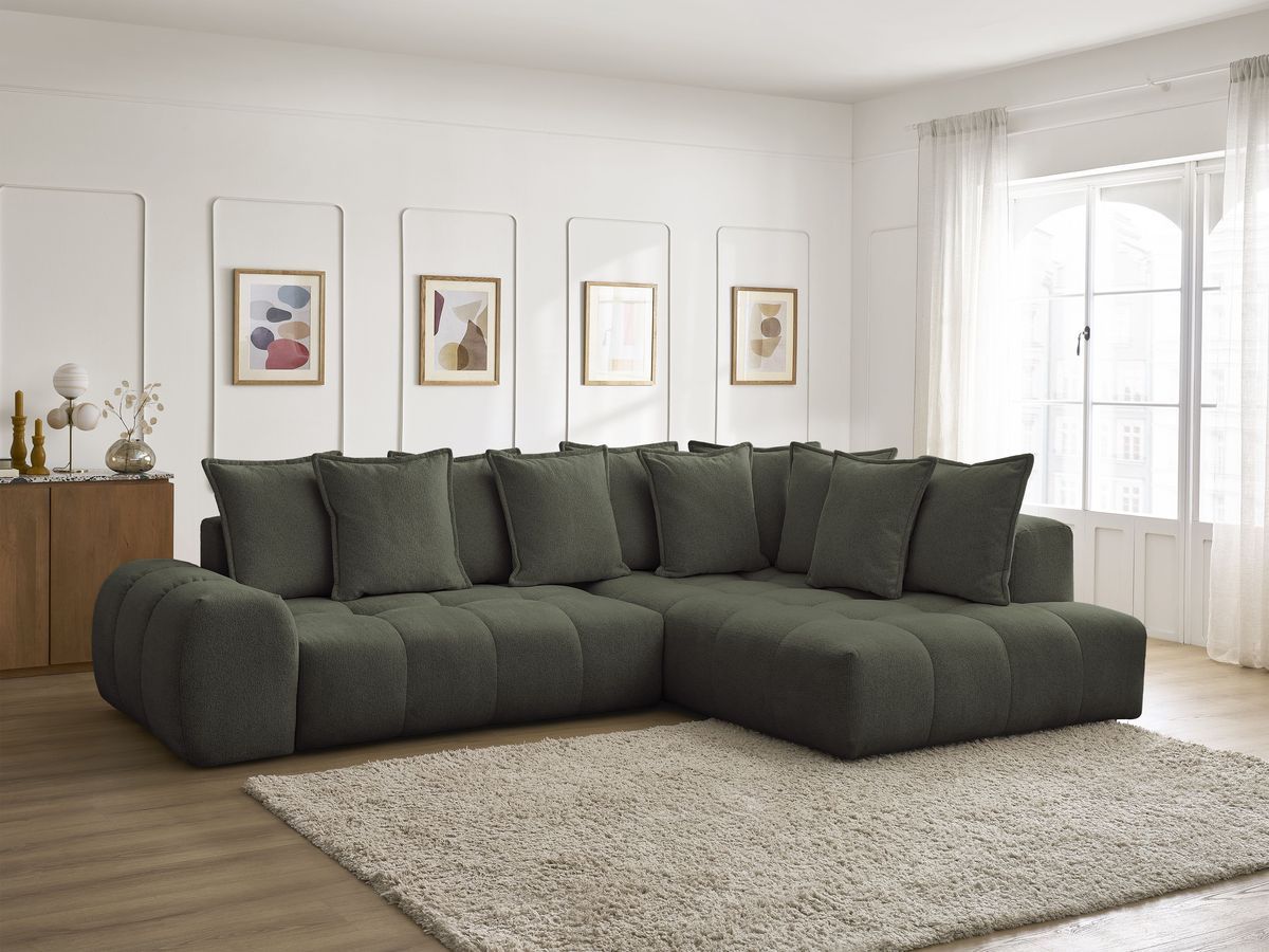 Bobochic Everest Ecksofa mit Schlaffunktion und Bettkasten 320 × 212 cm, 10 Kissen Melange-Stoff Grün Ecke rechts