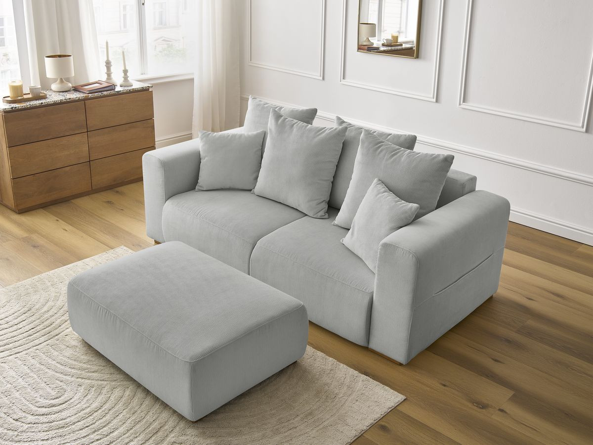 Bobochic Sidonie Sofa 3-Sitzer mit Pouf Cordsamt Hellgrau