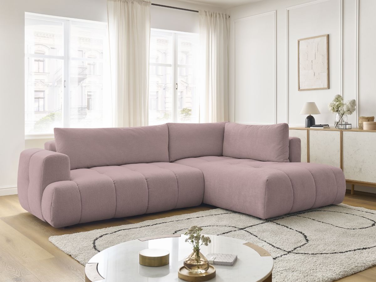 Bobochic Fuji Ecksofa mit Schlaffunktion und Bettkasten 282 × 204 cm Stoff Rosa Ecke rechts