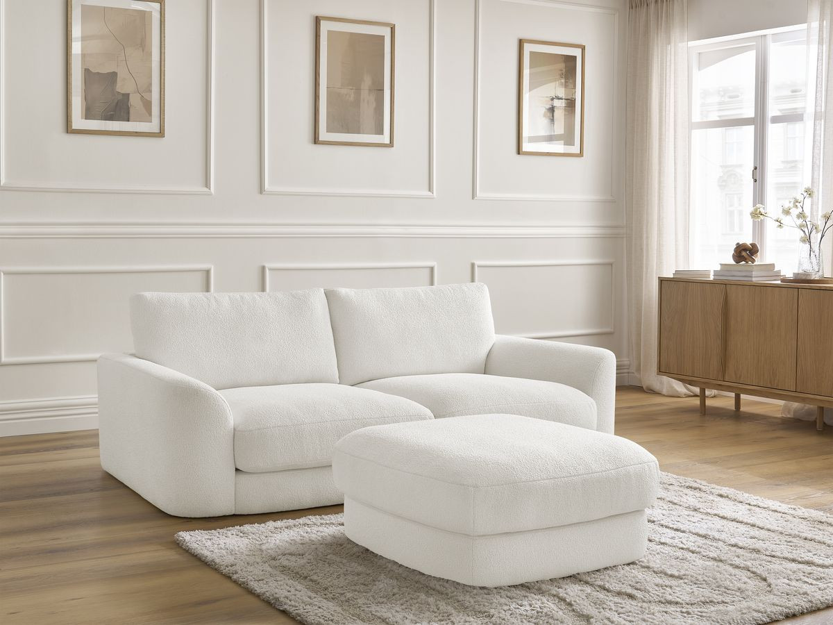 Bobochic Leonore Sofa 3-Sitzer mit Pouf Bouclé-Stoff Weiß