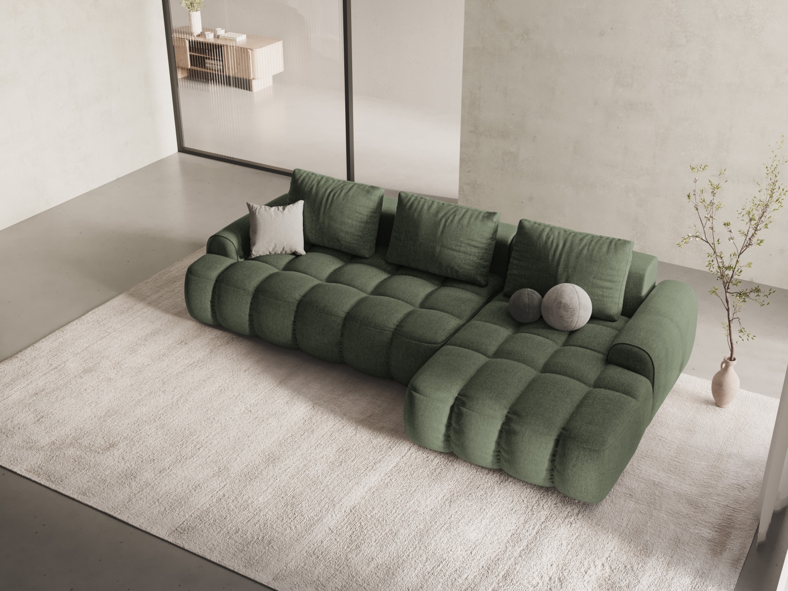 Cosmopolitan Design Ecksofa Linz 3-Sitzer mit Schlaffunktion Strukturierter Stoff Sorella Dunkles Olivgrün Rechts