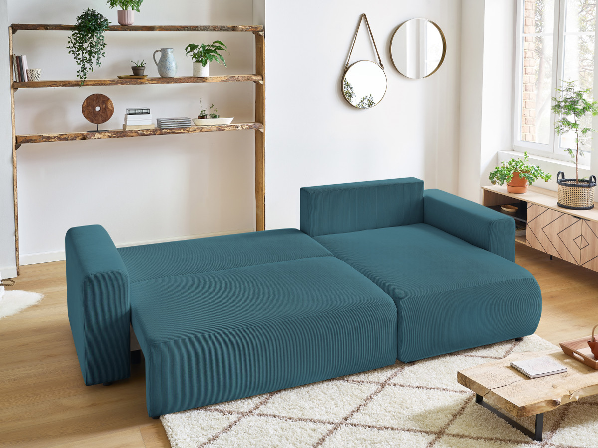 Bobochic Envy Ecksofa mit Schlaffunktion und Bettkasten Cordsamt Dunkelblau