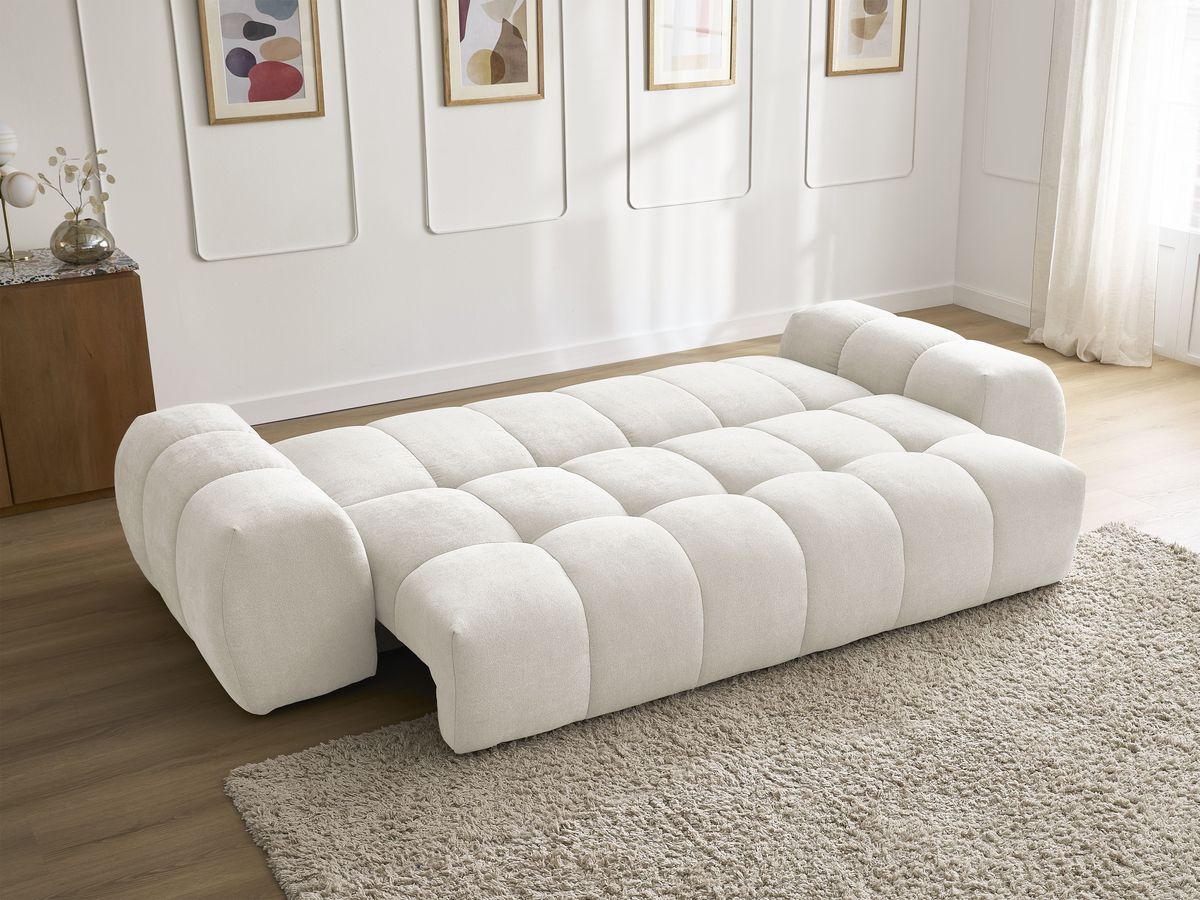 Bobochic Everest Schlafsofa 3-Sitzer mit Bettkasten, 2 Kissen Strukturstoff Weiß