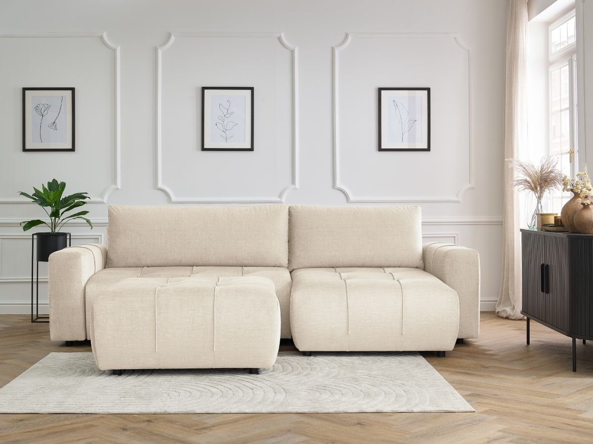 Bobochic Arsene Ecksofa mit Schlaffunktion und Bettkasten und Pouf 288 × 148 cm Samt Beige