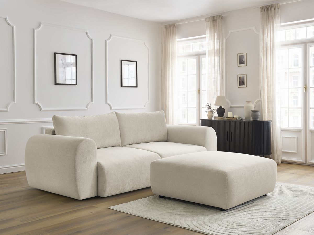 Bobochic Lucien Schlafsofa 4-Sitzer mit Bettkasten und Pouf Stoff Beige