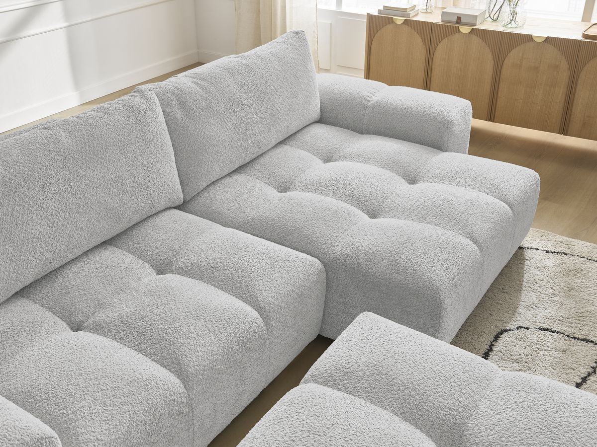 Bobochic Anakin Ecksofa mit Schlaffunktion und Bettkasten und Pouf, 2 Kissen Bouclé-Stoff Hellgrau