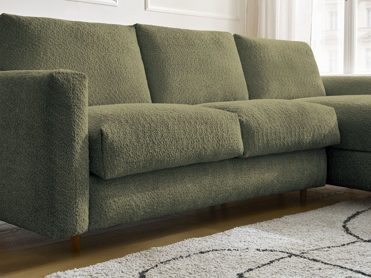 Bobochic Cocoone Ecksofa mit Schlaffunktion und Bettkasten Bouclé-Stoff Grün, Liegefläche 160 × 200 cm