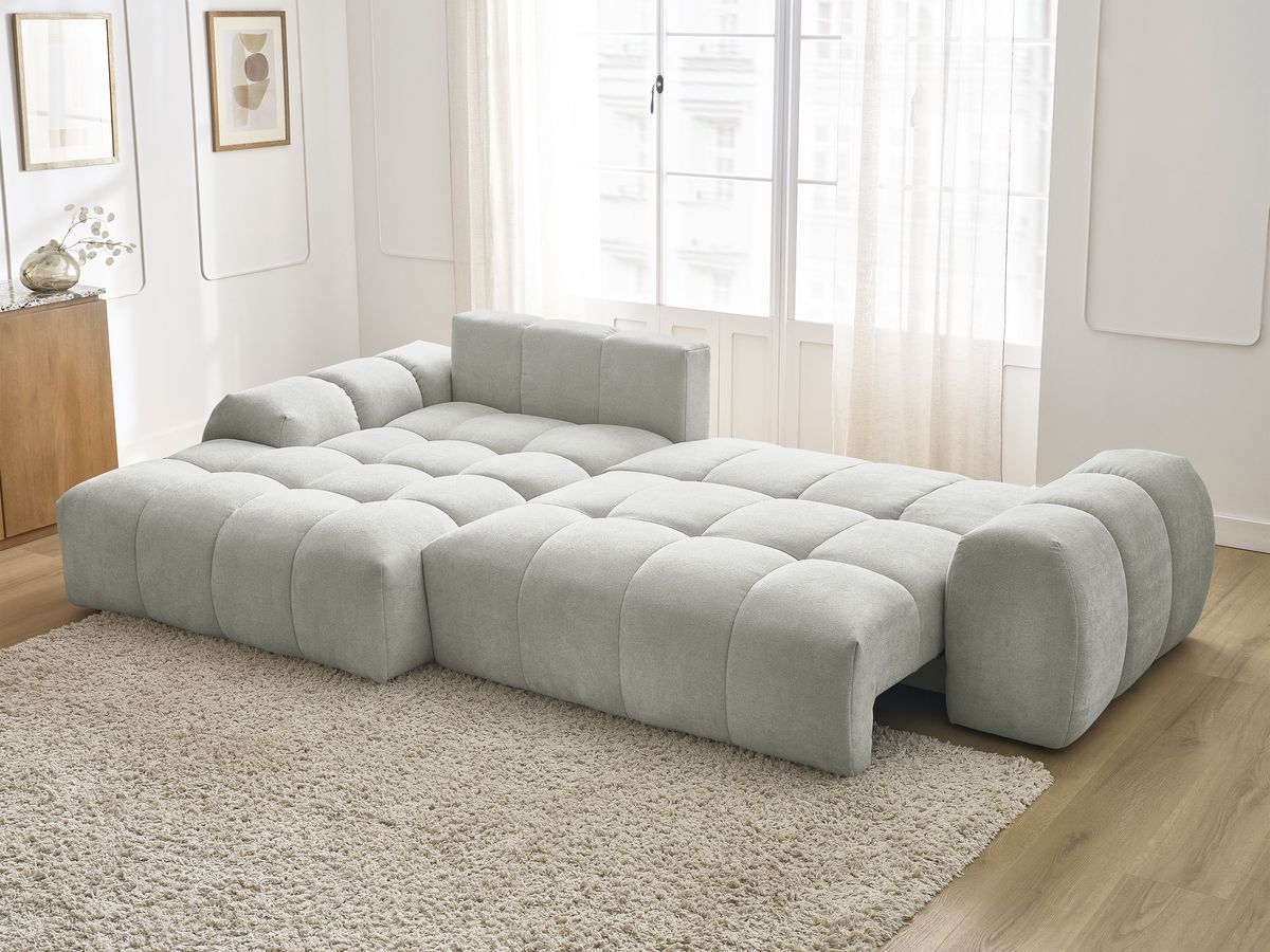 Bobochic Everest Ecksofa mit Schlaffunktion und Bettkasten 318 × 180 cm, 7 Kissen Strukturstoff Hellgrau Ecke links