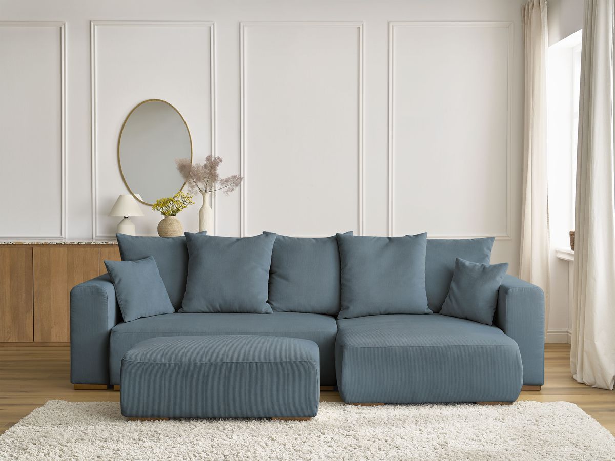 Bobochic Sidonie Ecksofa mit Schlaffunktion und Bettkasten und Pouf Cordsamt Dunkelblau