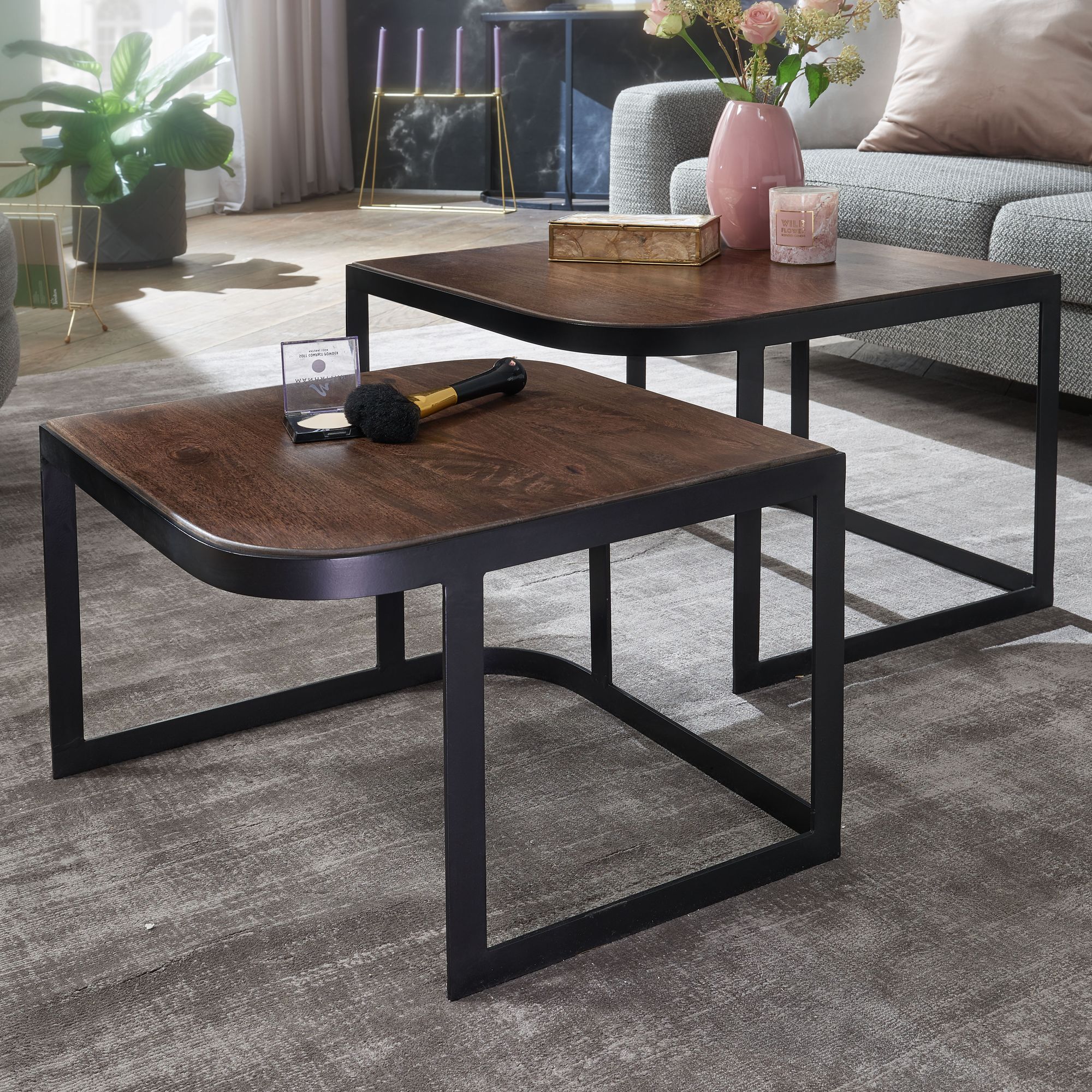 Satztisch 2er-Set Streymoy Mango Massivholz Schwarz 60 × 60 × 40 cm
