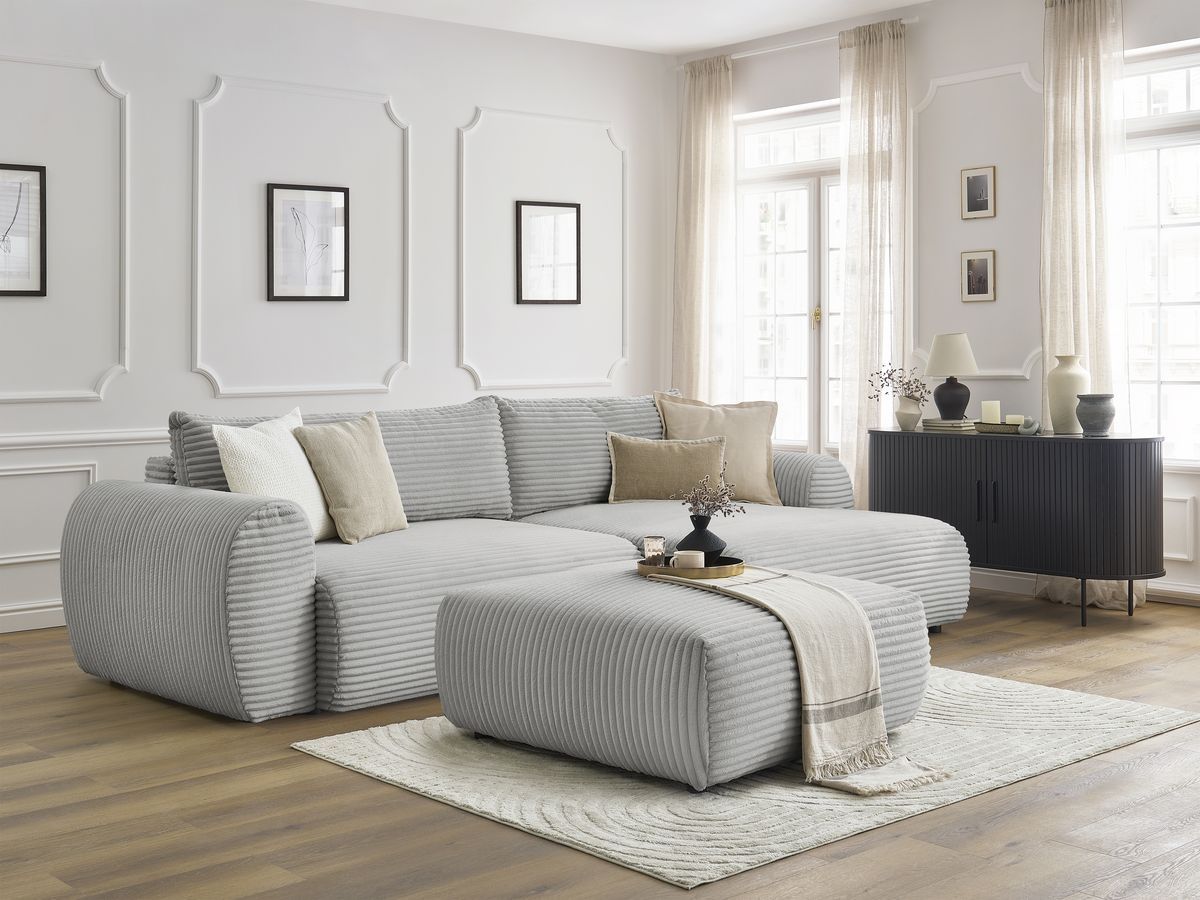 Bobochic Lucien Ecksofa mit Schlaffunktion und Bettkasten und Pouf 314 × 167 cm Breitcord weich Hellgrau Ecke rechts