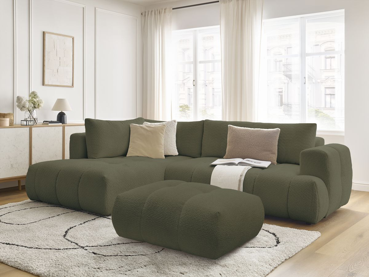 Bobochic Fuji Ecksofa mit Schlaffunktion und Bettkasten und Pouf 282 × 204 cm Bouclé-Stoff Grün Ecke links