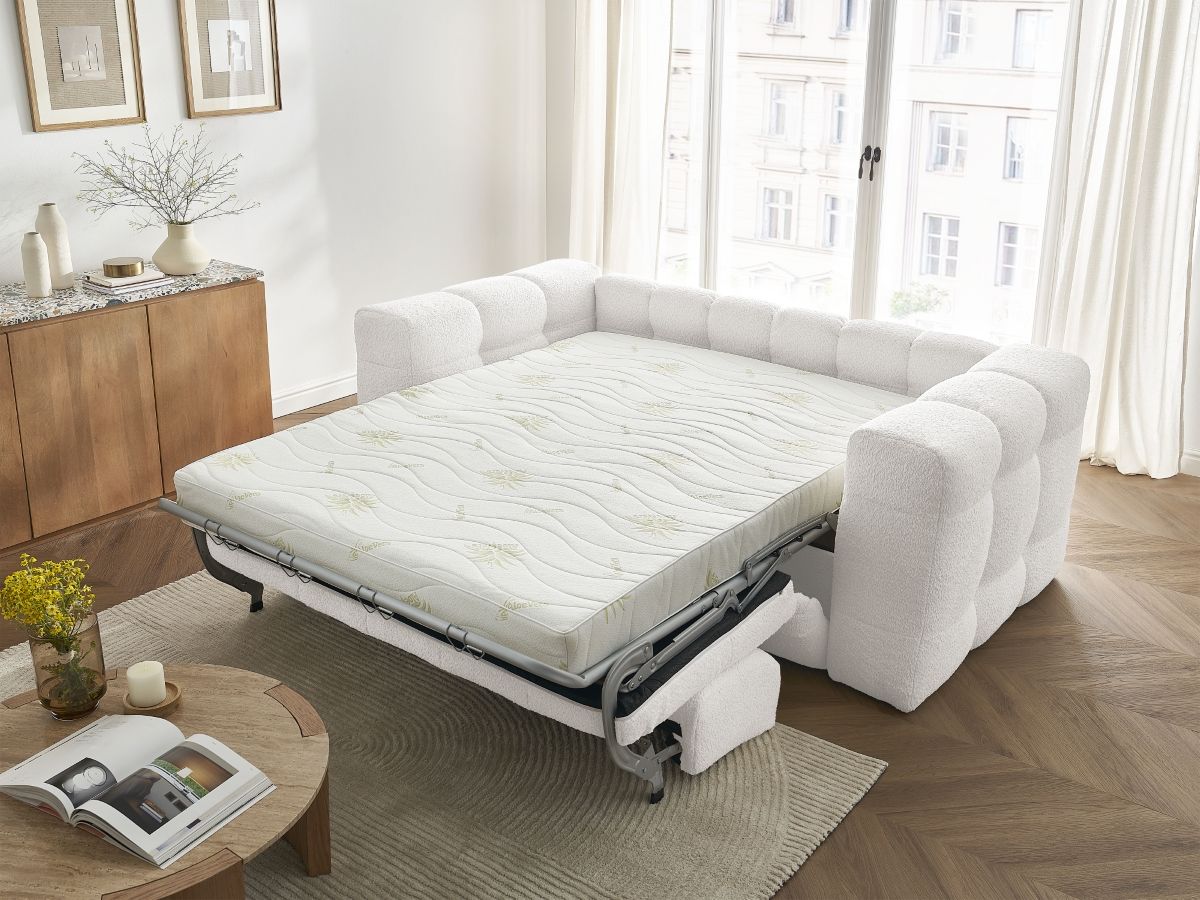 Bobochic Cloud Schlafsofa 3-Sitzer Bouclé-Stoff Weiß