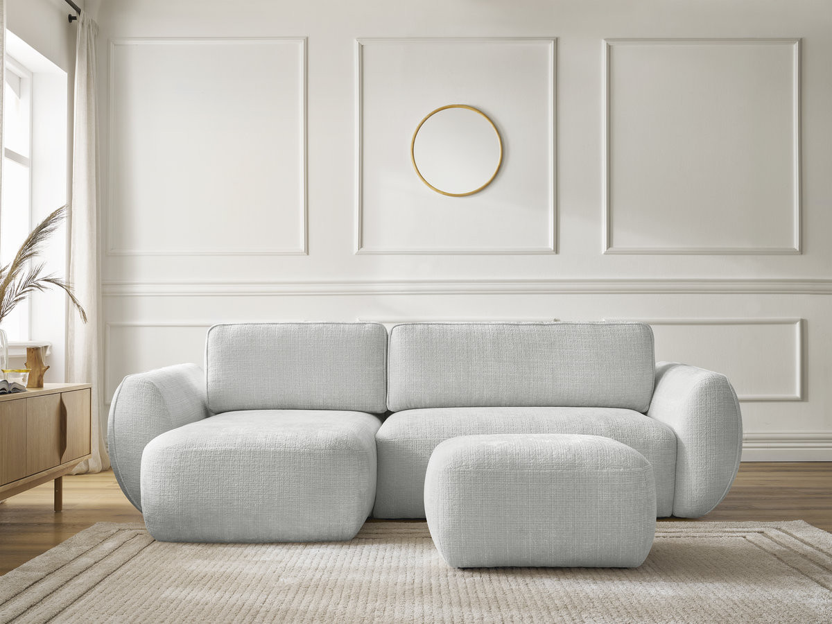 Bobochic Denise Ecksofa mit Schlaffunktion und Bettkasten und Pouf 258 × 160 cm Strukturstoff Hellgrau Ecke links
