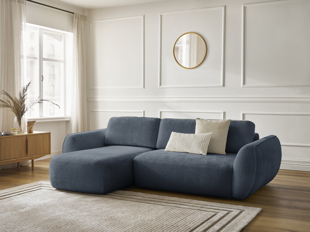 Bobochic Denise Ecksofa mit Schlaffunktion und Bettkasten 258 × 160 cm Strukturstoff Dunkelblau Ecke links