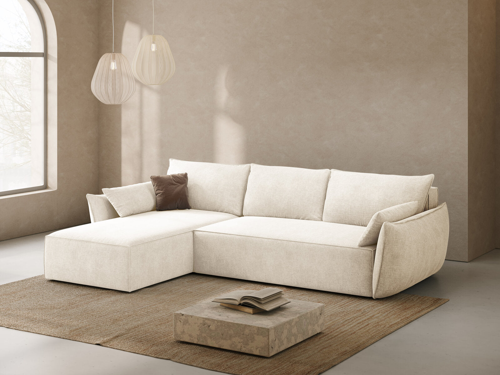 Micadoni Kaelle Ecksofa 4-Sitzer mit Schlaffunktion Links Chenille Over The Horizon Helles Beige