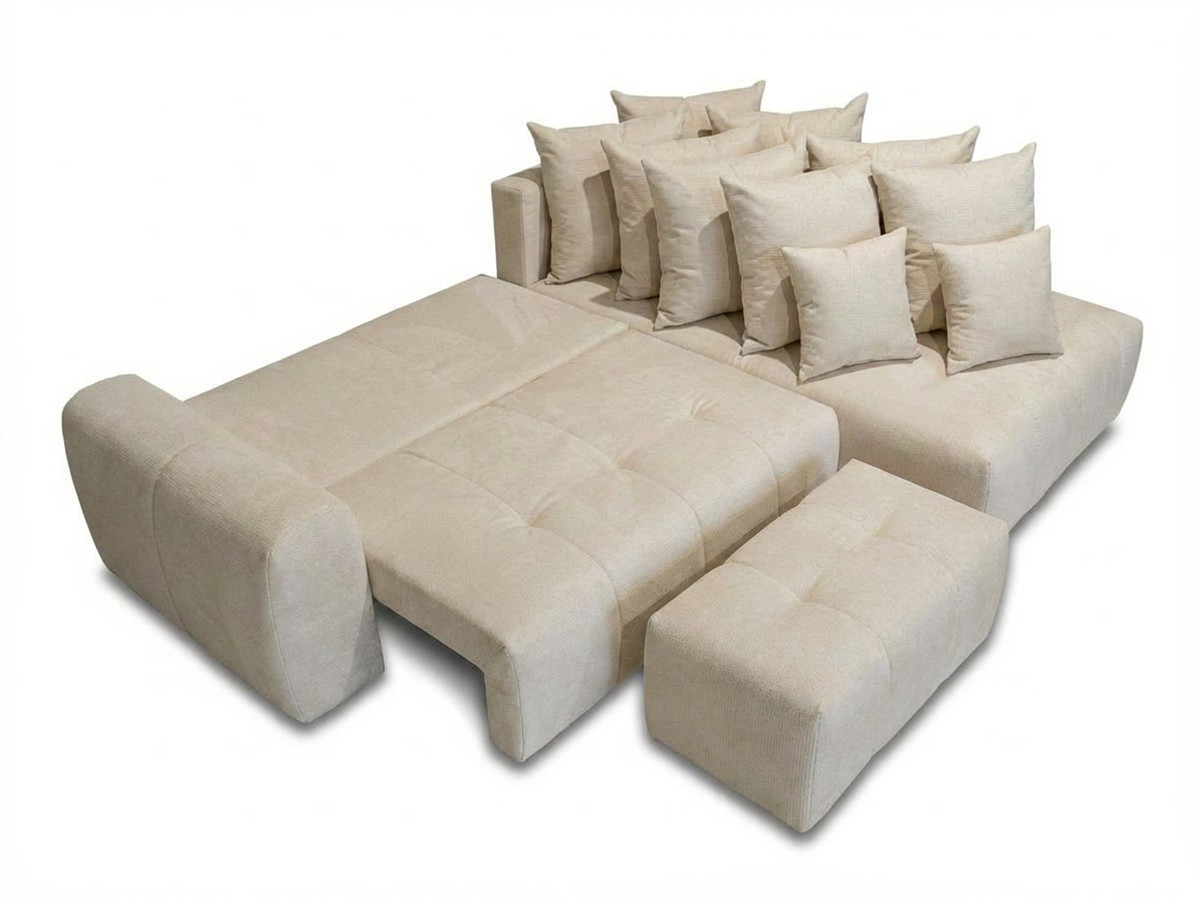Bobochic Roxelane Ecksofa mit Schlaffunktion und Bettkasten und Pouf Melange-Stoff Beige Ecke rechts