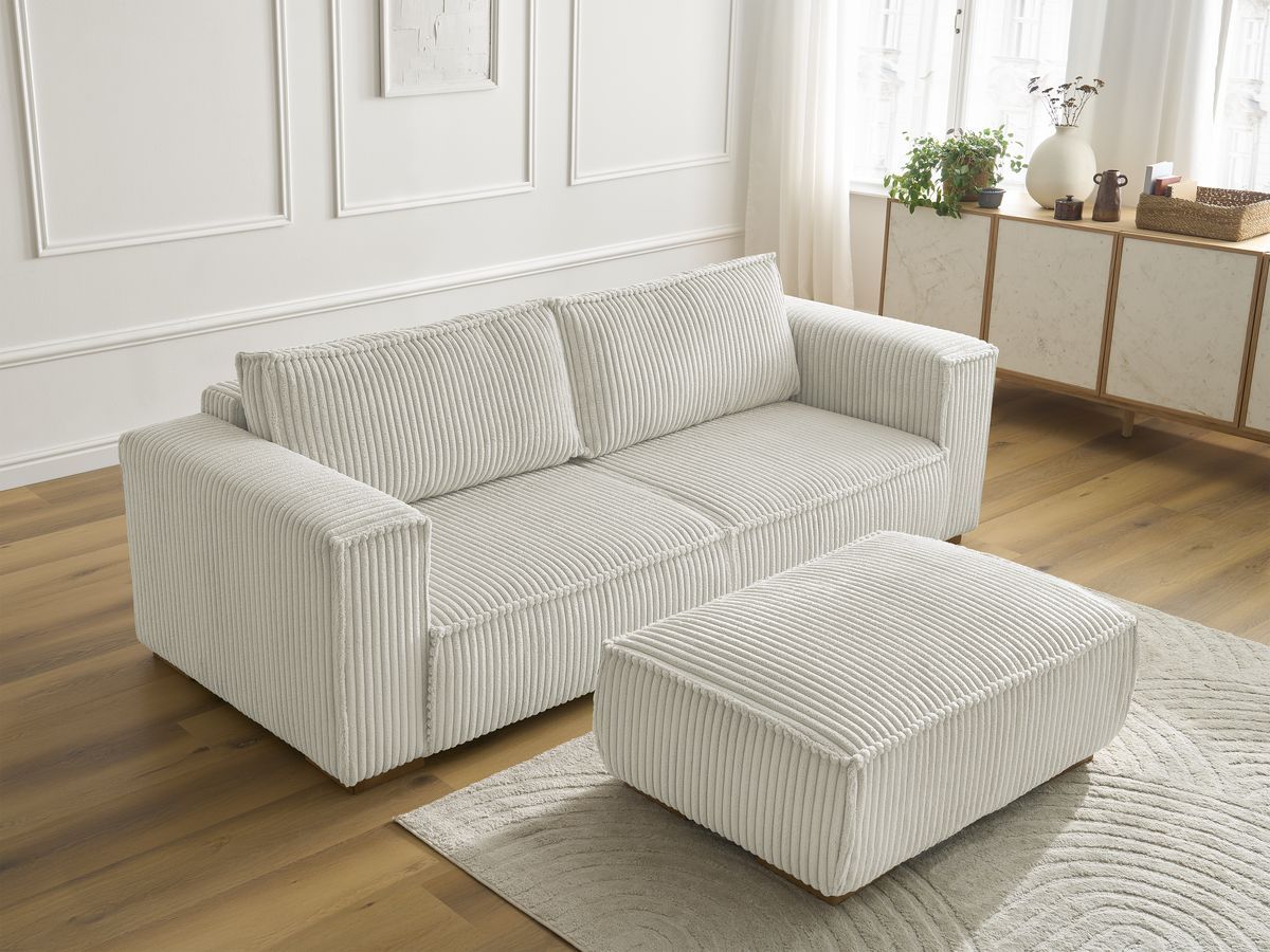 Bobochic Chelsea Sofa 4-Sitzer mit Pouf Breitcord weich Beige