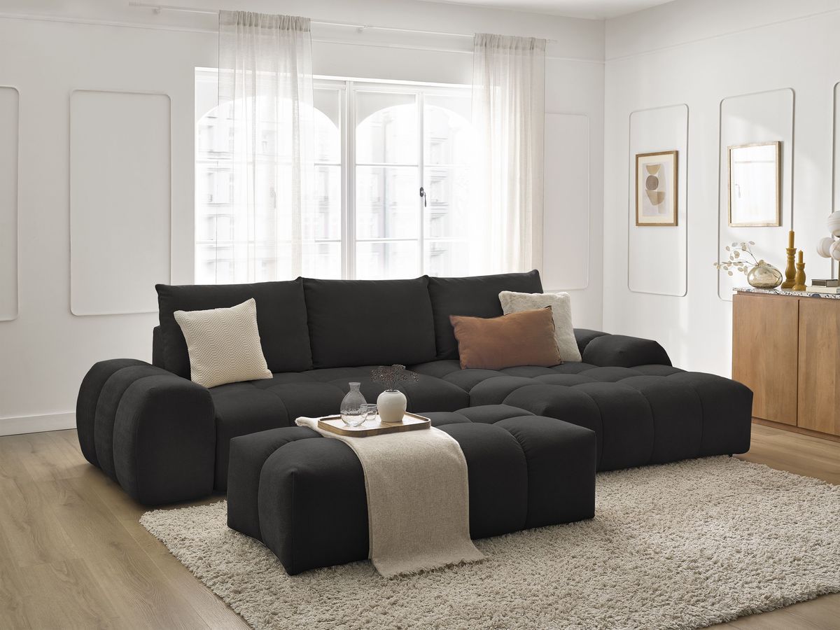 Bobochic Everest Ecksofa mit Schlaffunktion und Bettkasten und Pouf 318 × 180 cm, 3 Kissen Strukturstoff Schwarz Ecke rechts