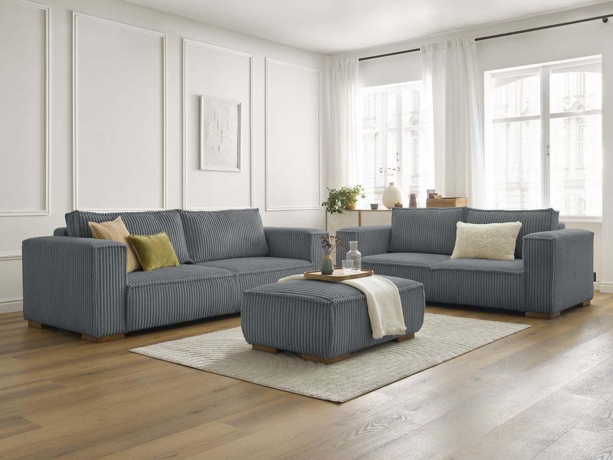 Bobochic Chelsea Sofa 6-Sitzer mit Pouf Breitcord weich Dunkelgrau