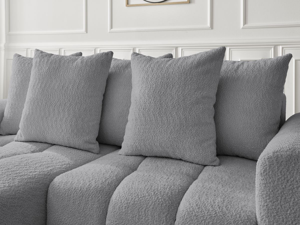 Bobochic Roxelane Ecksofa mit Schlaffunktion und Bettkasten und Pouf 258 × 150 cm Bouclé-Stoff Dunkelgrau Ecke links