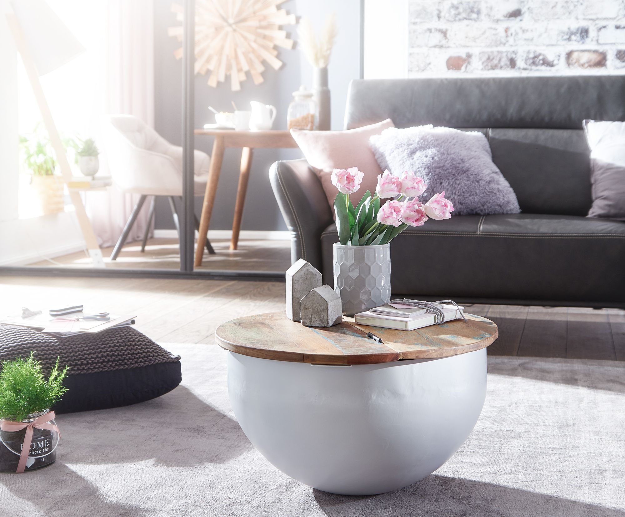 Couchtisch Selatrad Mango Massivholz Weiß Ø 60 cm