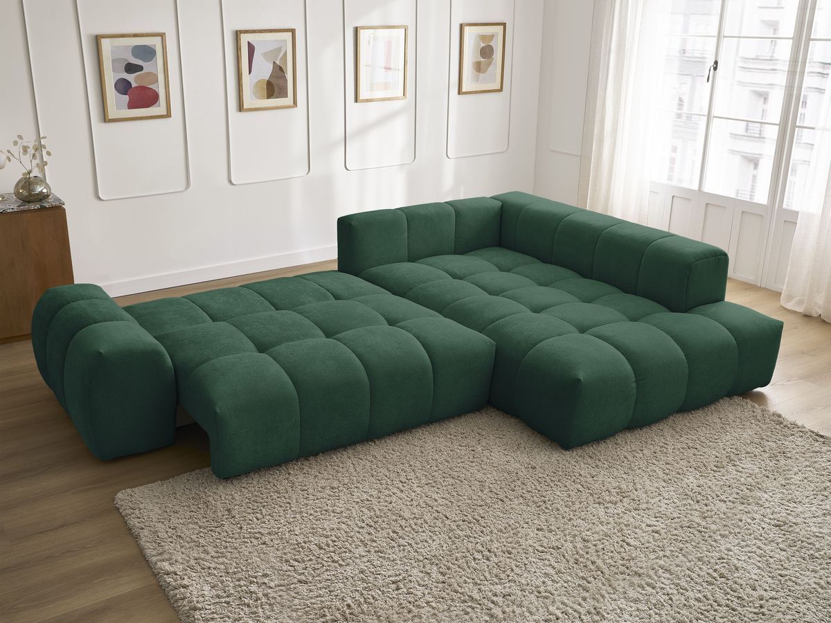 Bobochic Everest Ecksofa mit Schlaffunktion und Bettkasten 320 × 212 cm, 10 Kissen Strukturstoff Grün Ecke rechts