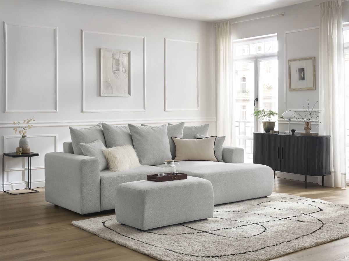 Bobochic Atilla Ecksofa mit Schlaffunktion und Bettkasten und Pouf Melange-Stoff Hellgrau Ecke rechts
