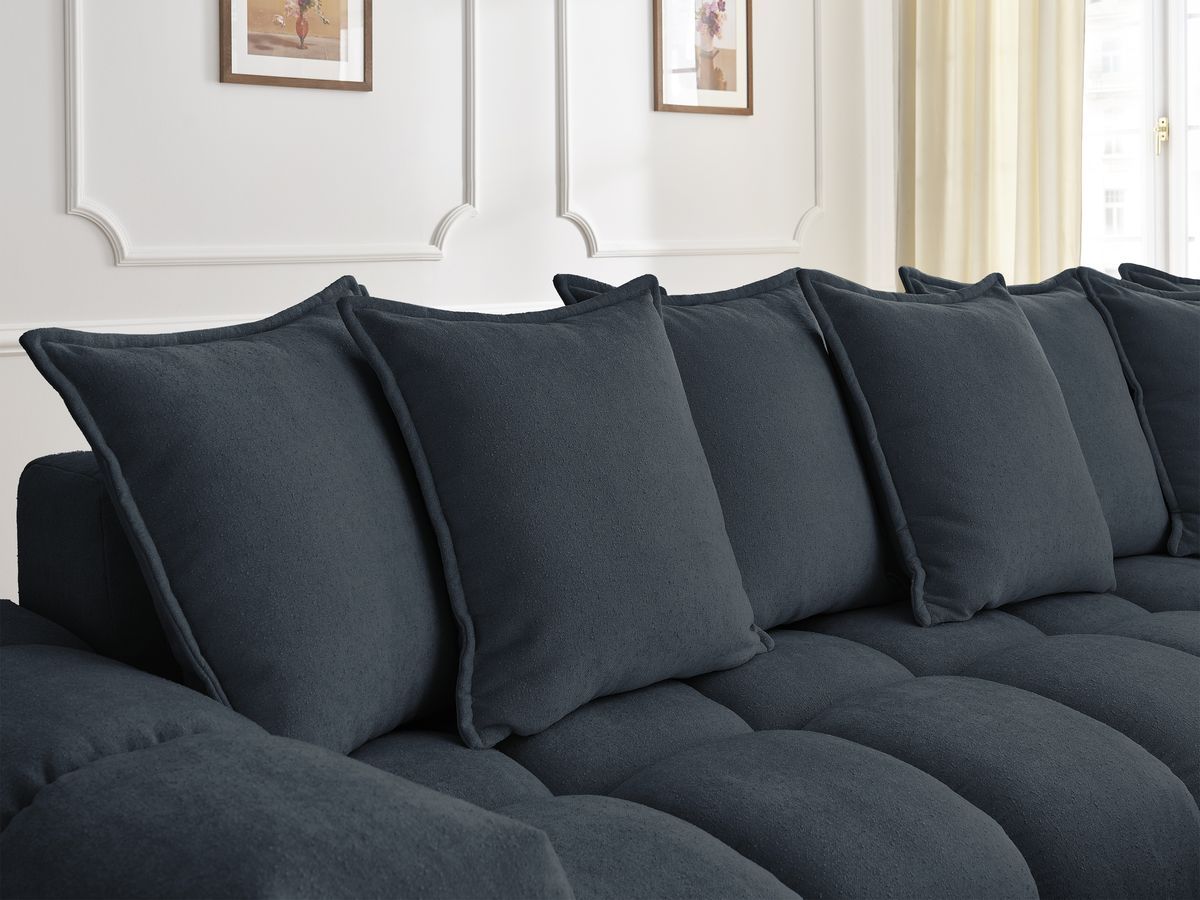 Bobochic Everest Ecksofa mit Schlaffunktion und Pouf, 10 Kissen Strukturstoff Dunkelblau Ecke rechts