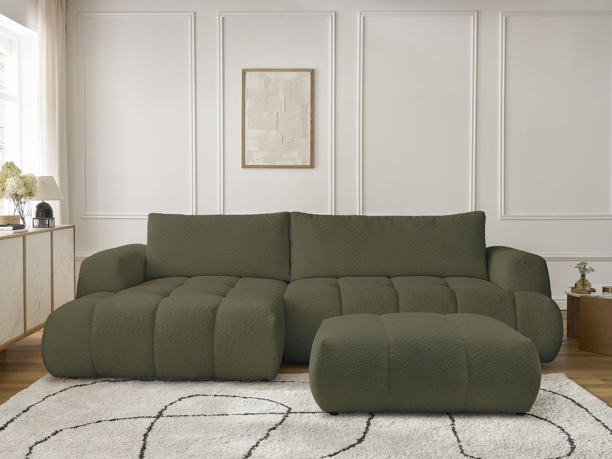Bobochic Fuji Ecksofa mit Schlaffunktion und Bettkasten und Pouf 292 × 160 cm Bouclé-Stoff Grün Ecke links