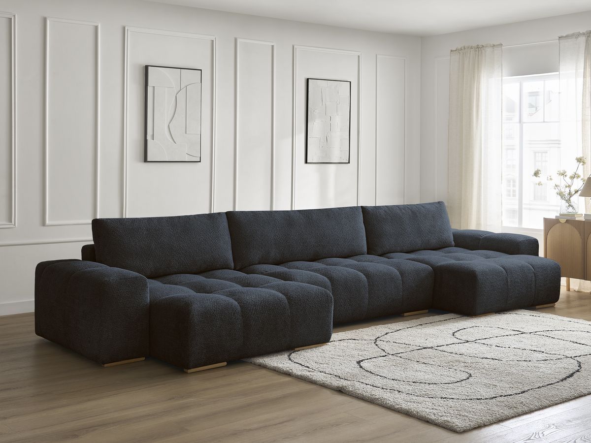 Bobochic Anakin Wohnlandschaft, Liegefläche 137 × 382 cm, 3 Kissen Bouclé-Stoff Dunkelblau