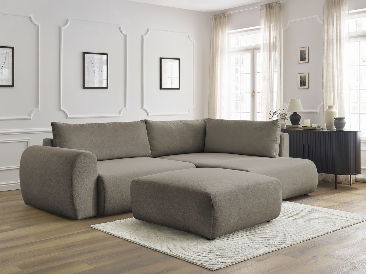 Bobochic Lucien Ecksofa mit Schlaffunktion und Bettkasten und Pouf 296 × 198 cm Stoff Taupe Ecke rechts