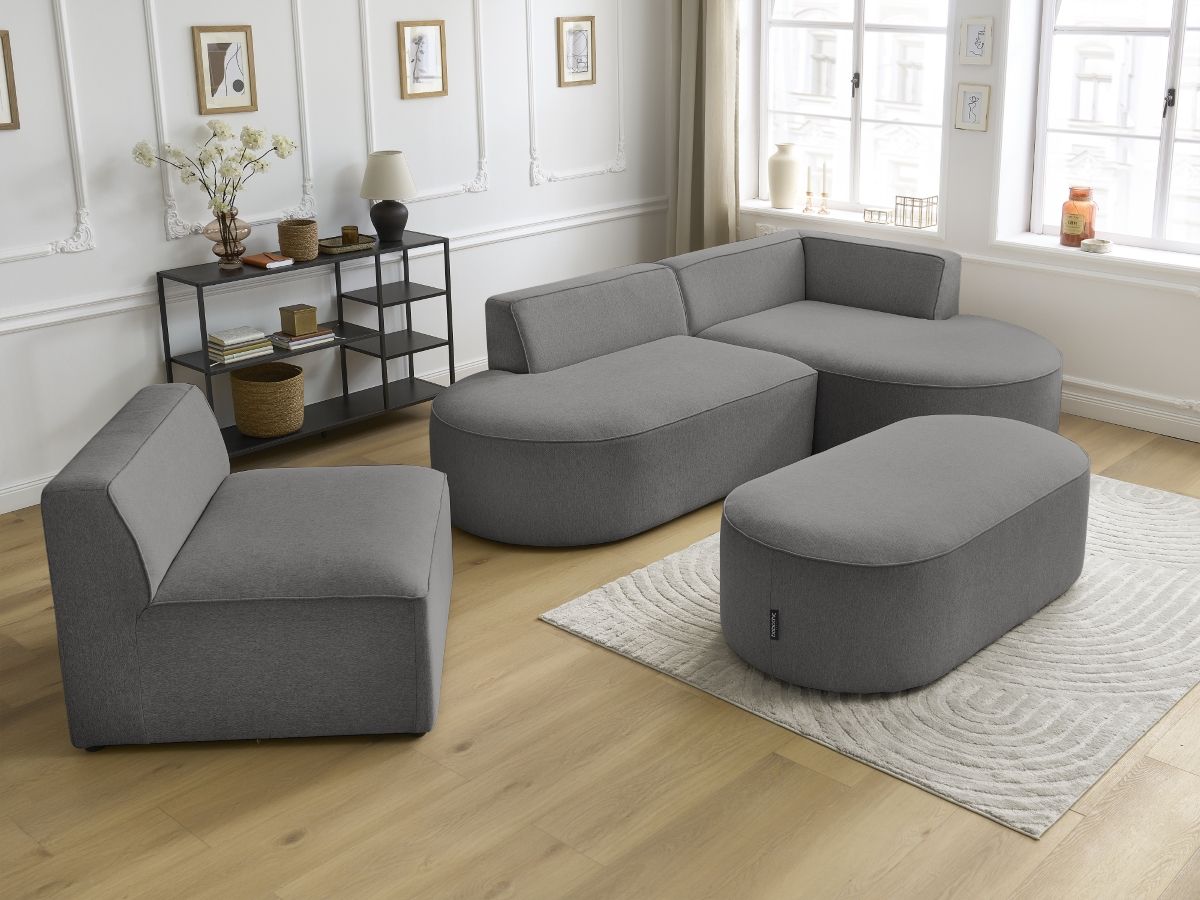 Bobochic Rousseau Ecksofa mit Sofamodul und Pouf Melange-Stoff Dunkelgrau Ecke rechts