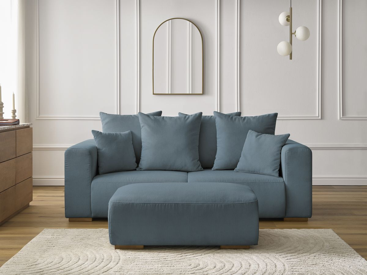 Bobochic Sidonie Sofa 3-Sitzer mit Pouf Cordsamt Dunkelblau