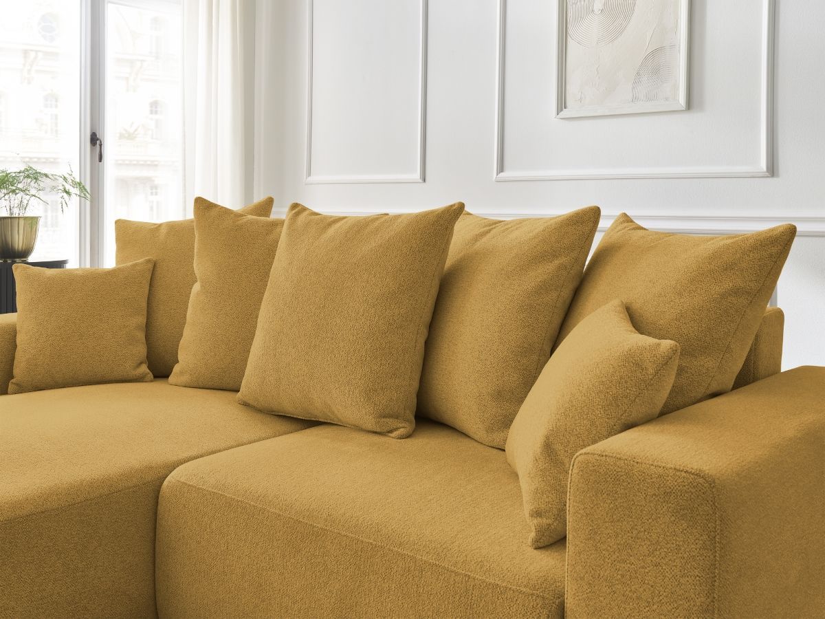 Bobochic Atilla Ecksofa mit Schlaffunktion und Bettkasten Melange-Stoff Gelb Ecke links
