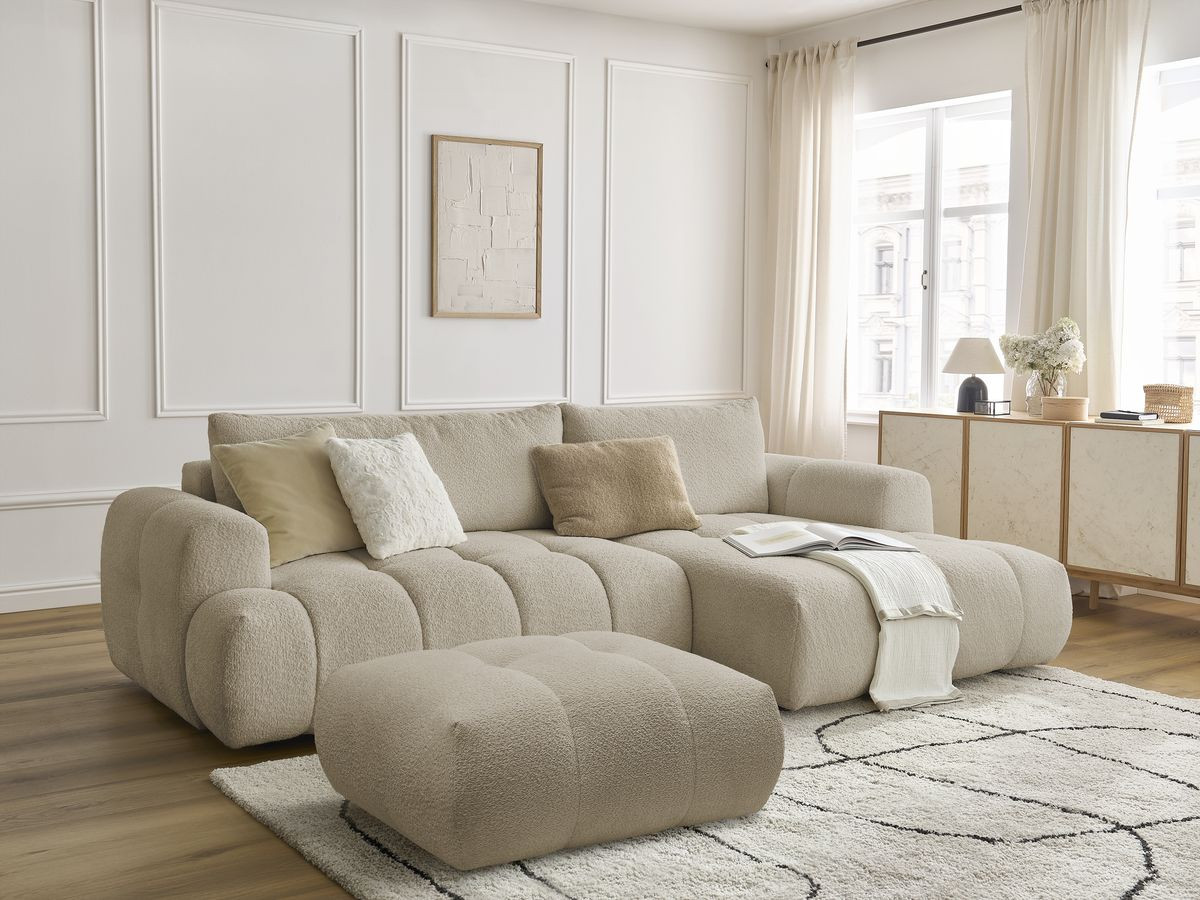 Bobochic Fuji Ecksofa mit Schlaffunktion und Bettkasten und Pouf 292 × 160 cm Bouclé-Stoff Beige Ecke rechts