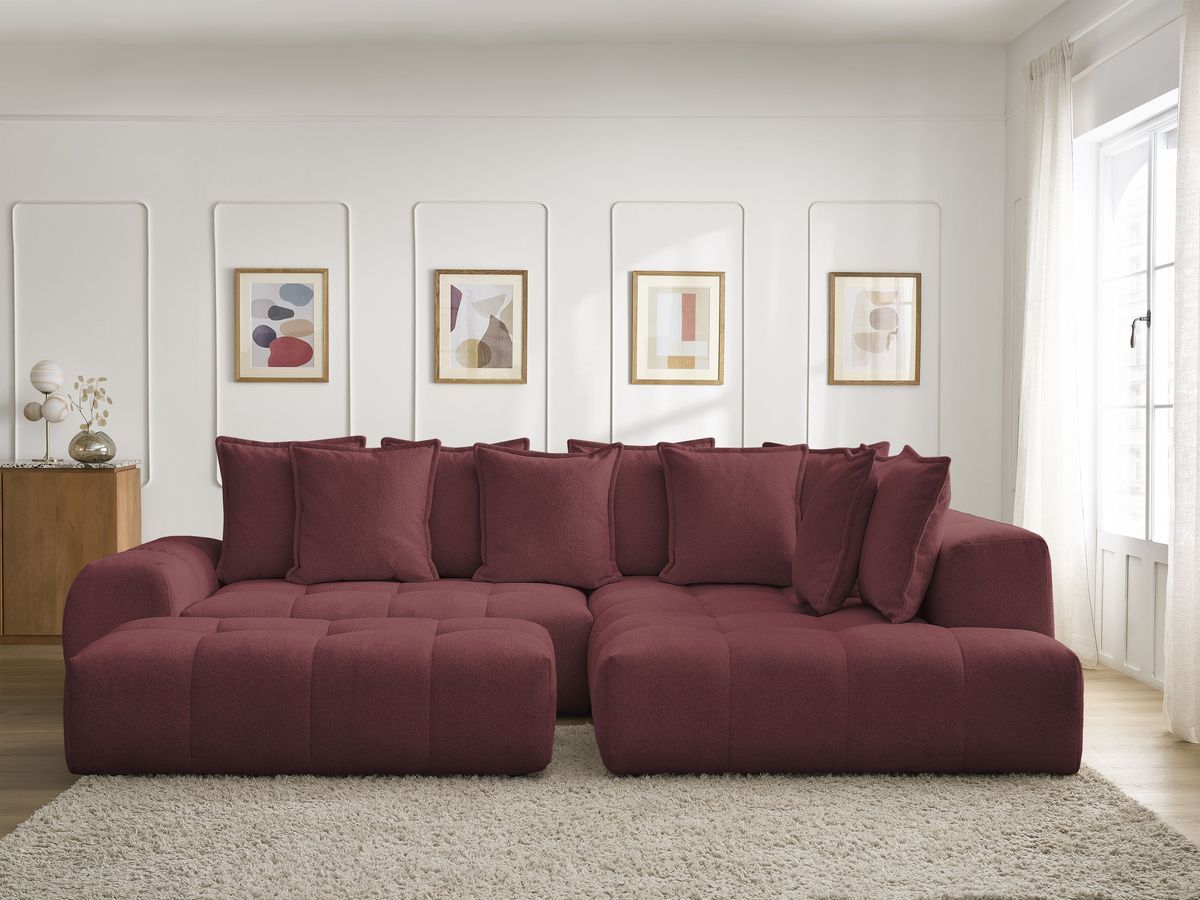 Bobochic Everest Ecksofa mit Schlaffunktion und Bettkasten und Pouf 320 × 212 cm, 10 Kissen Melange-Stoff Rot Ecke rechts