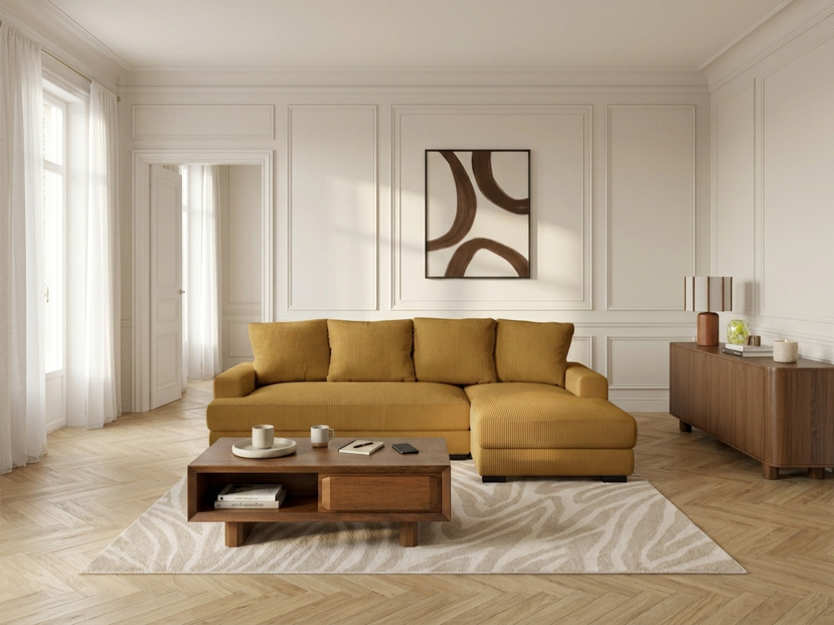 Bobochic Campi Ecksofa mit Schlaffunktion und Bettkasten Cordsamt Gelb Ecke rechts