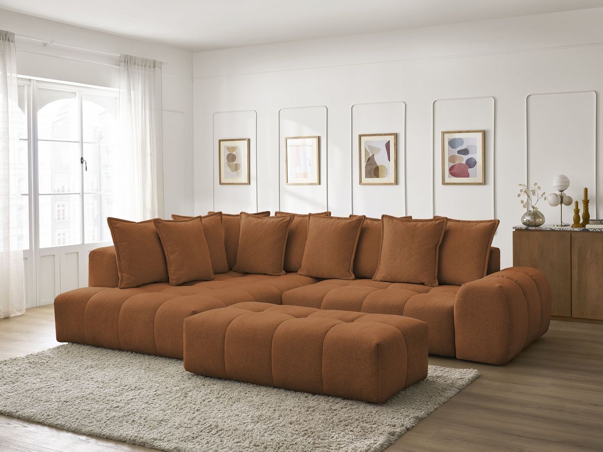 Bobochic Everest Ecksofa mit Schlaffunktion und Bettkasten und Pouf 320 × 212 cm, 10 Kissen Melange-Stoff Orange Ecke links