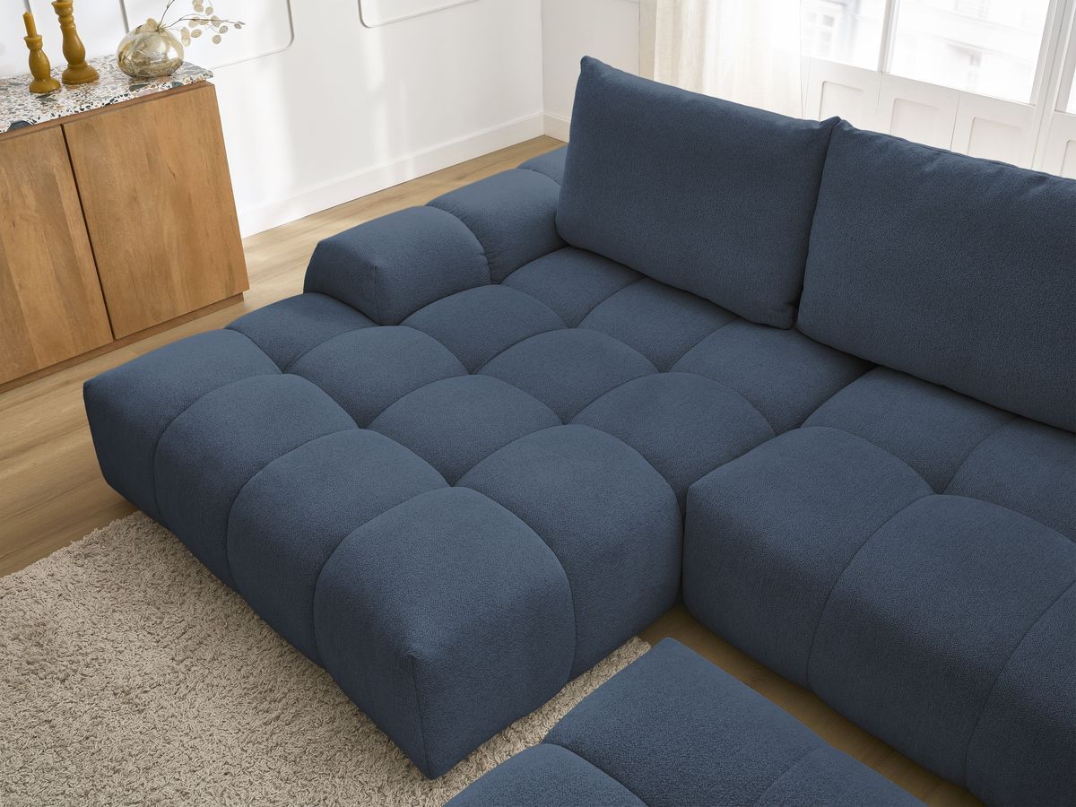 Bobochic Everest Ecksofa mit Schlaffunktion und Bettkasten und Pouf 318 × 180 cm, 3 Kissen Melange-Stoff Dunkelblau Ecke links