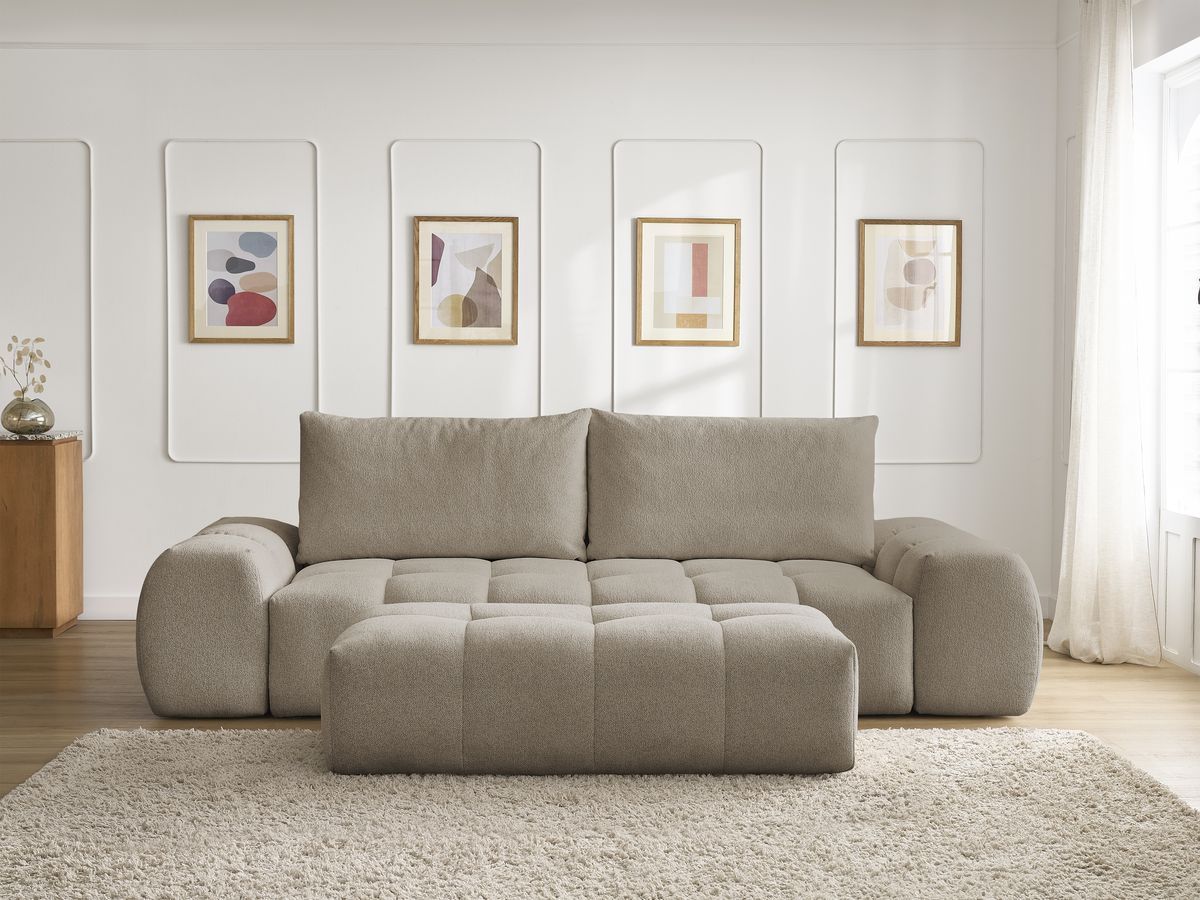 Bobochic Everest Schlafsofa 3-Sitzer mit Bettkasten und Pouf, 2 Kissen Melange-Stoff Taupe
