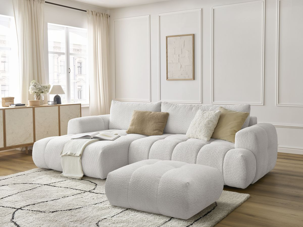 Bobochic Fuji Ecksofa mit Schlaffunktion und Bettkasten und Pouf 292 × 160 cm Bouclé-Stoff Weiß Ecke links
