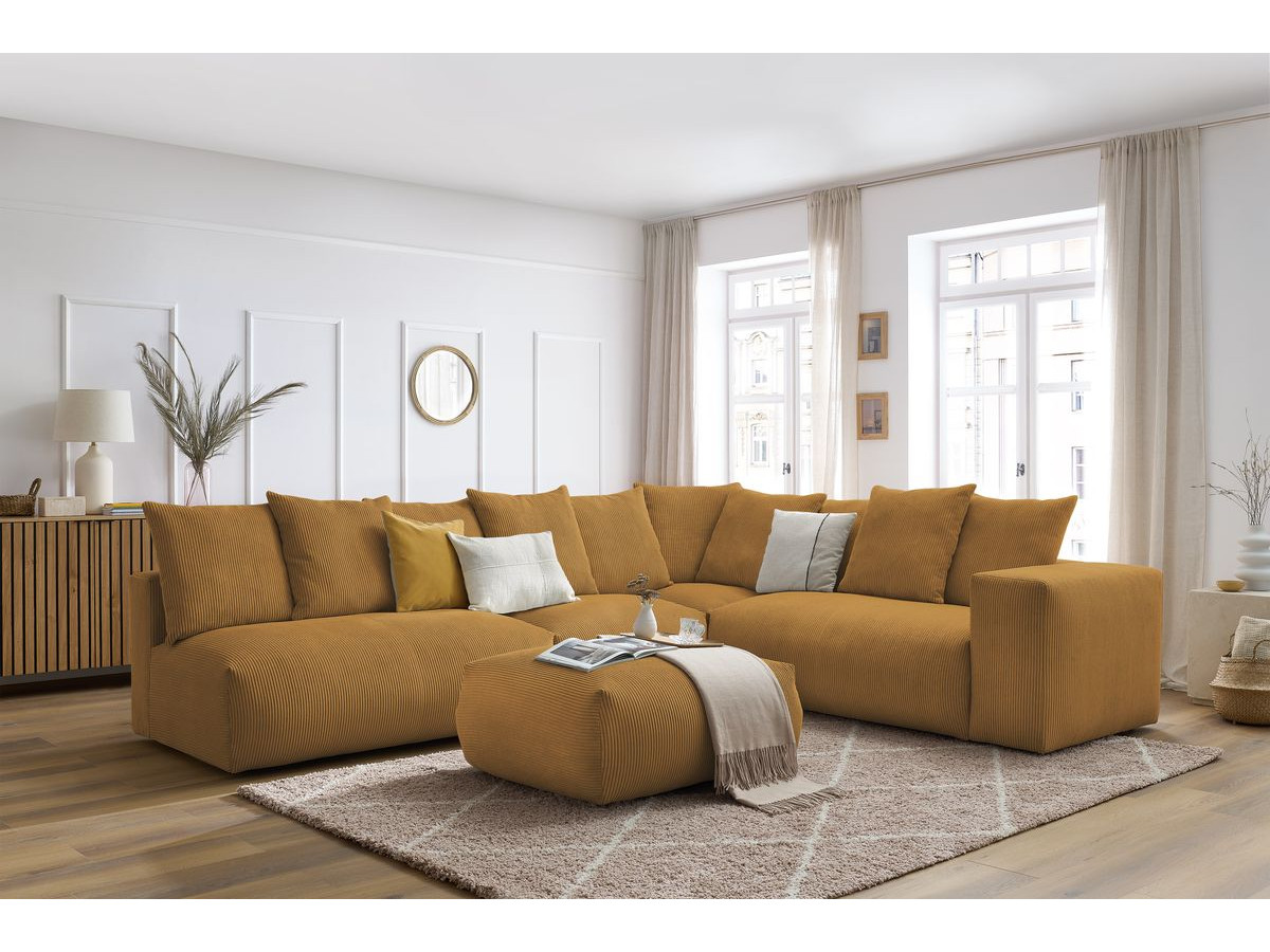 Bobochic Voltaire Ecksofa mit Pouf 322 × 268 cm Cordsamt Gelb Ecke rechts