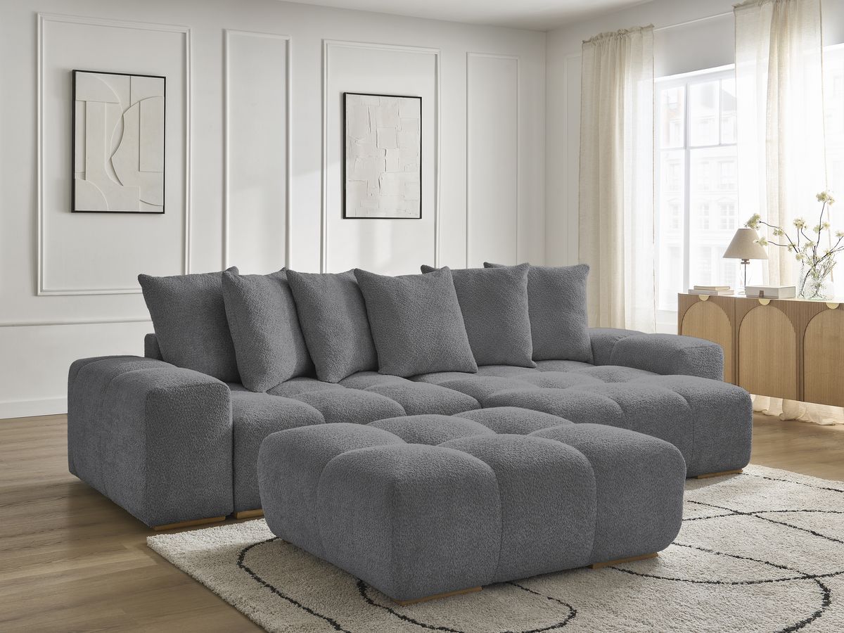 Bobochic Anakin Ecksofa mit Pouf, 6 Kissen Bouclé-Stoff Dunkelgrau