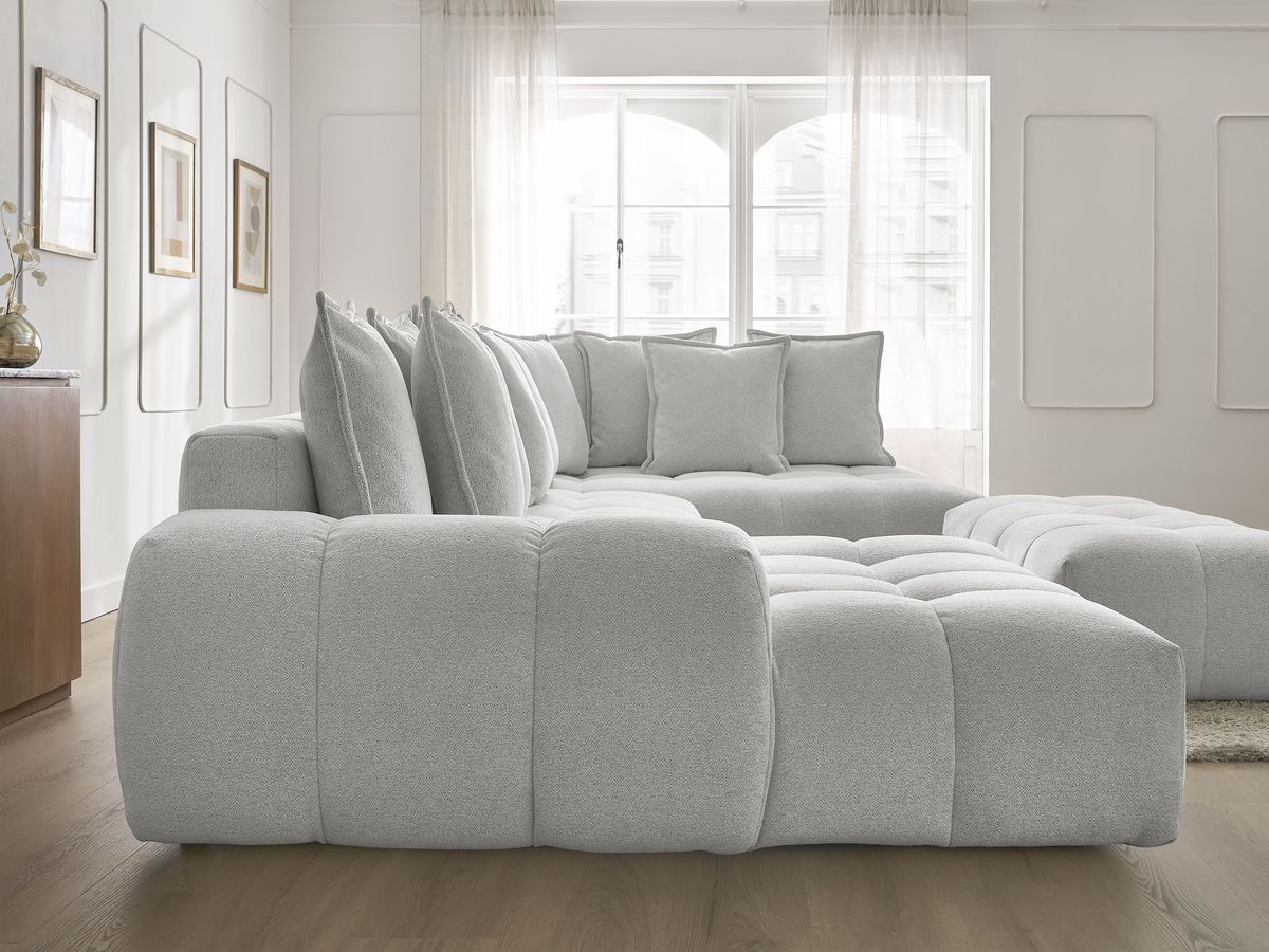 Bobochic Everest Wohnlandschaft mit Pouf, 14 Kissen Melange-Stoff Hellgrau Ecke links